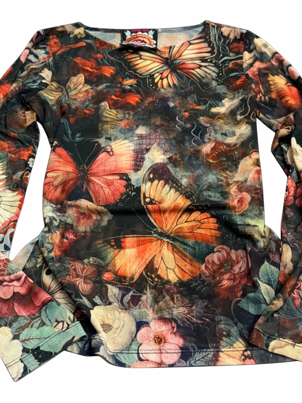 Johnny Was Long Sleeve Boat Neck Mesh Tee Butterfly S